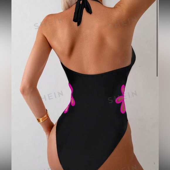 One-Piece Swimsuit With Flower Decoration cutout And Backless halter • Large - Picture 2 of 5